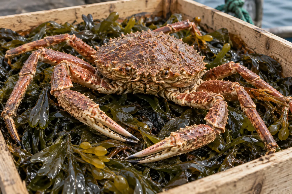 Araignée de mer vivante sur un lit d&rsquo;algues dans une caisse en bois