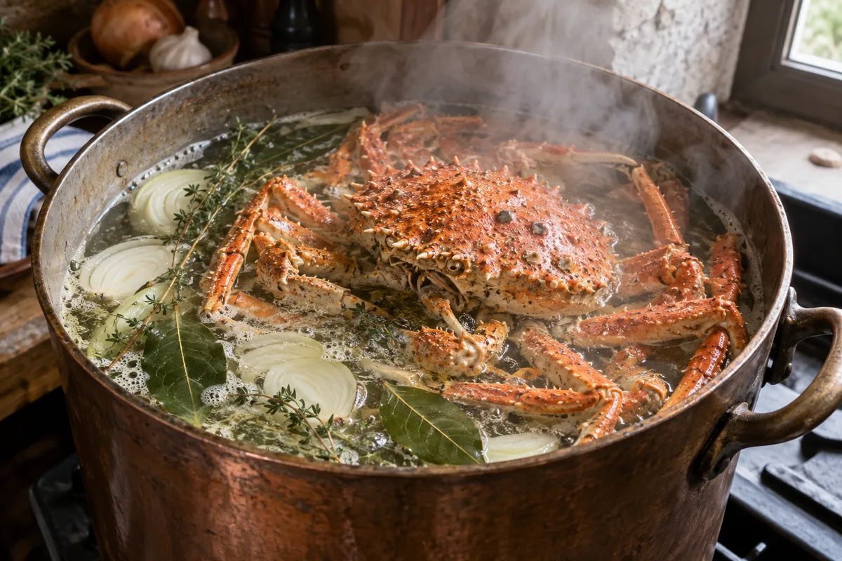 Marmite de court-bouillon avec herbes aromatiques et araignée de mer