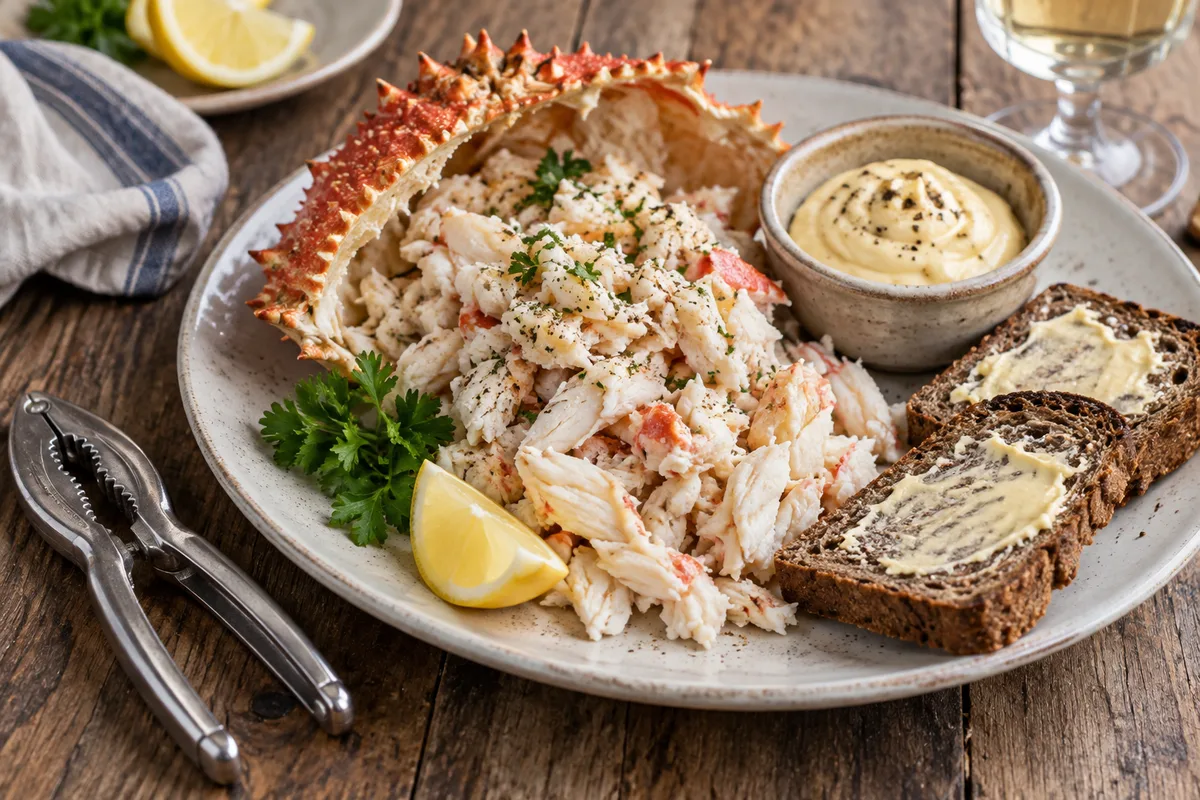 Chair d&rsquo;araignée de mer émiettée avec mayonnaise et pain de seigle
