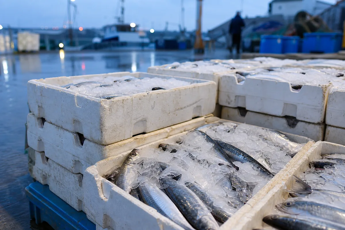 Caisses de poisson frais sur lit de glace pilée à la criée