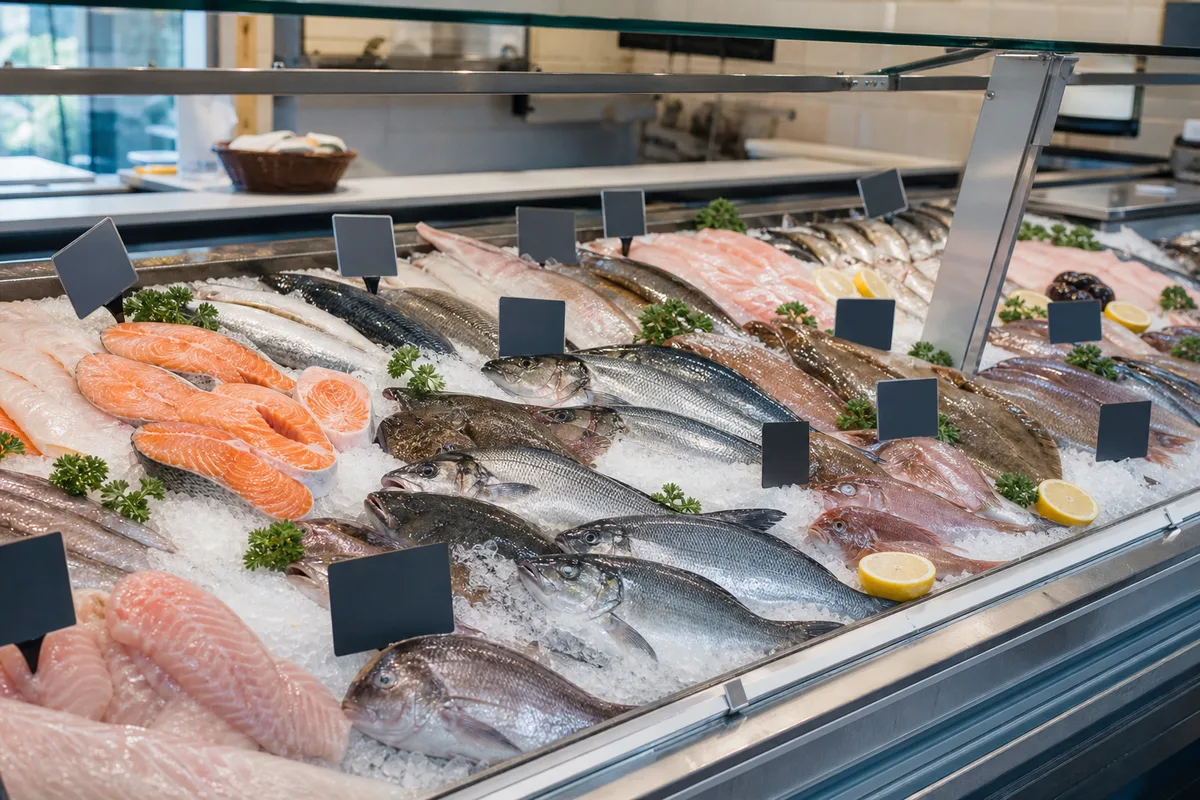 Poisson frais rangé sous glace dans la vitrine réfrigérée d’une poissonnerie
