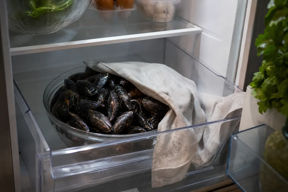 Saladier de moules fraîches couvert d&rsquo;un linge humide dans le bac à légumes d&rsquo;un réfrigérateur