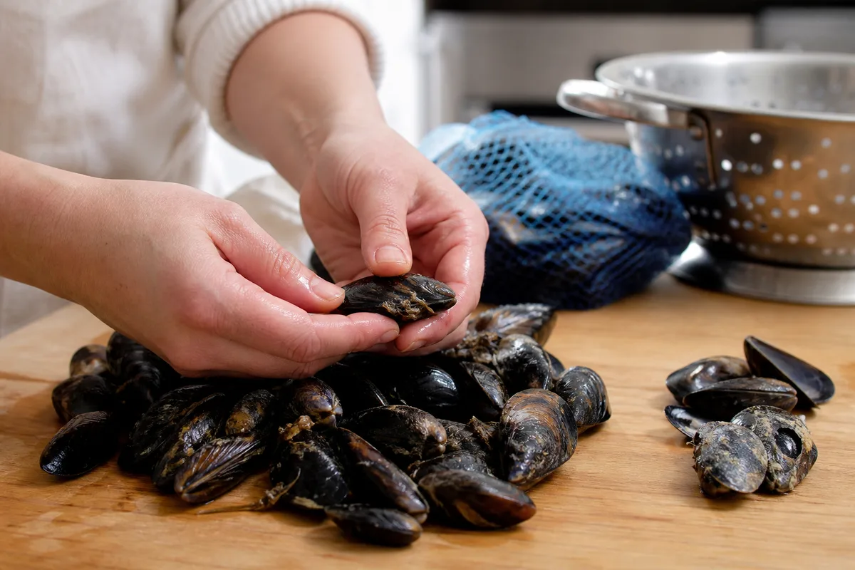 Mains triant des moules fraîches sur un plan de travail avant cuisson