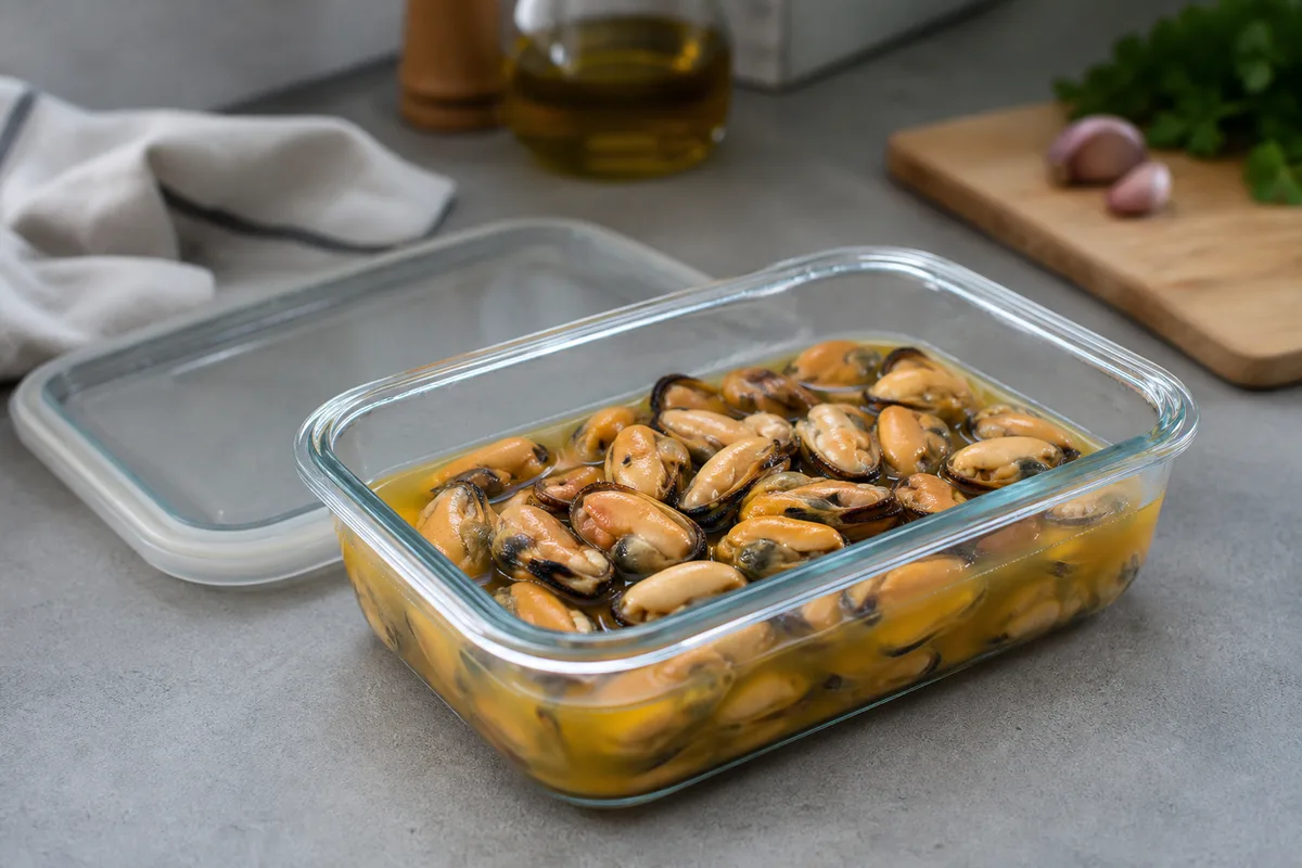 Moules cuites décoquillées dans leur jus de cuisson, prêtes pour la congélation