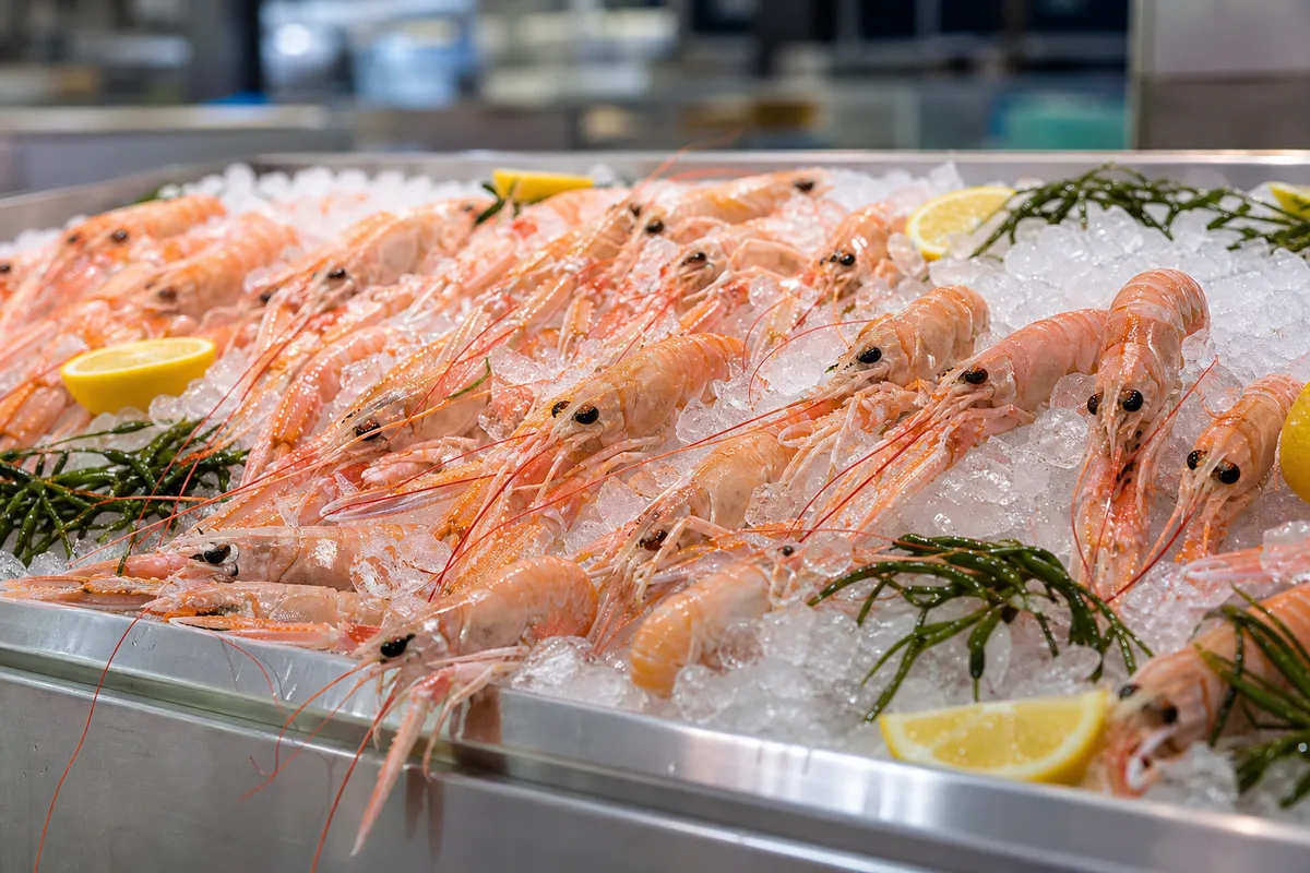 Langoustines crues sur un lit de glace pilée chez le poissonnier