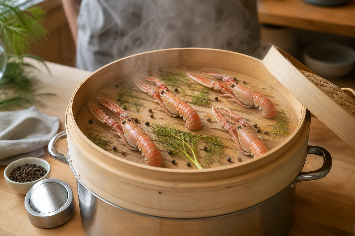 Faitout en inox rempli d’eau frémissante avec des langoustines et des aromates