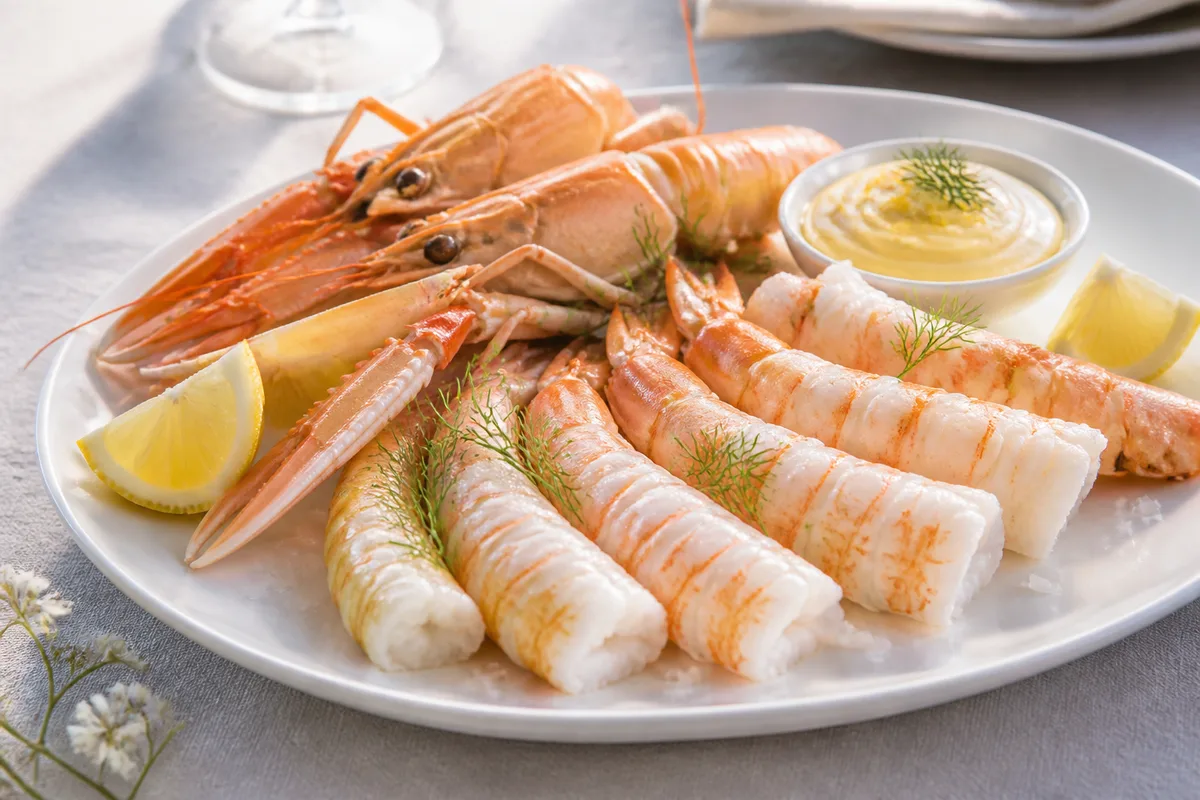 Langoustines cuites décortiquées disposées sur une assiette avec quartiers de citron