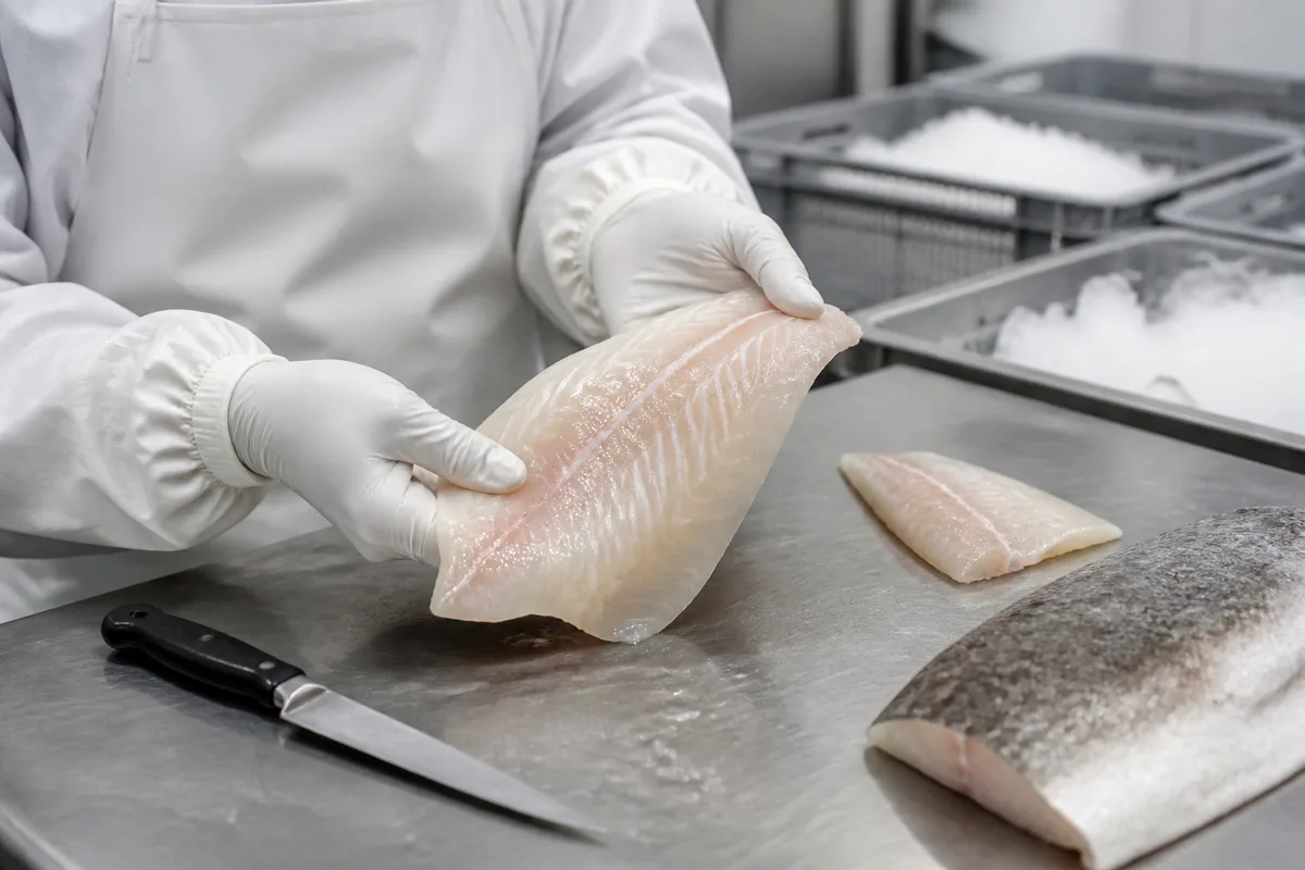 Fileteur préparant des filets de poisson sur une table en inox