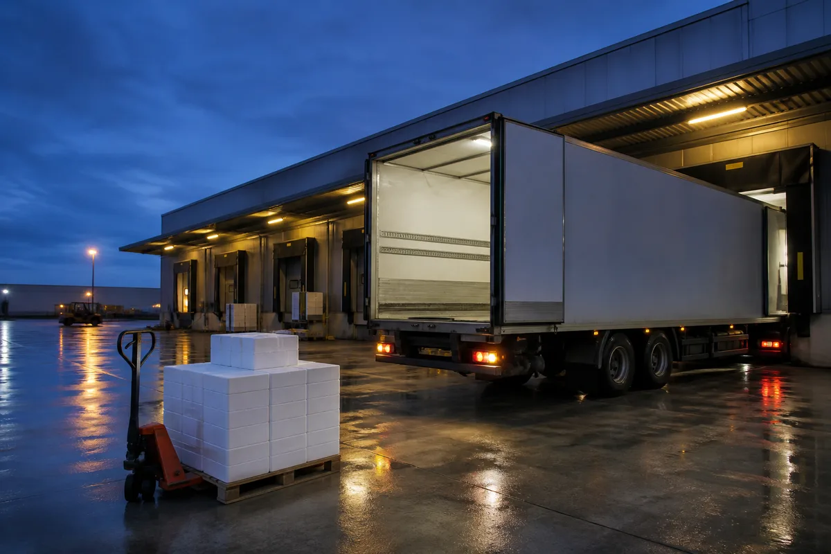 Camion frigorifique chargé de caisses de poisson à quai au petit matin